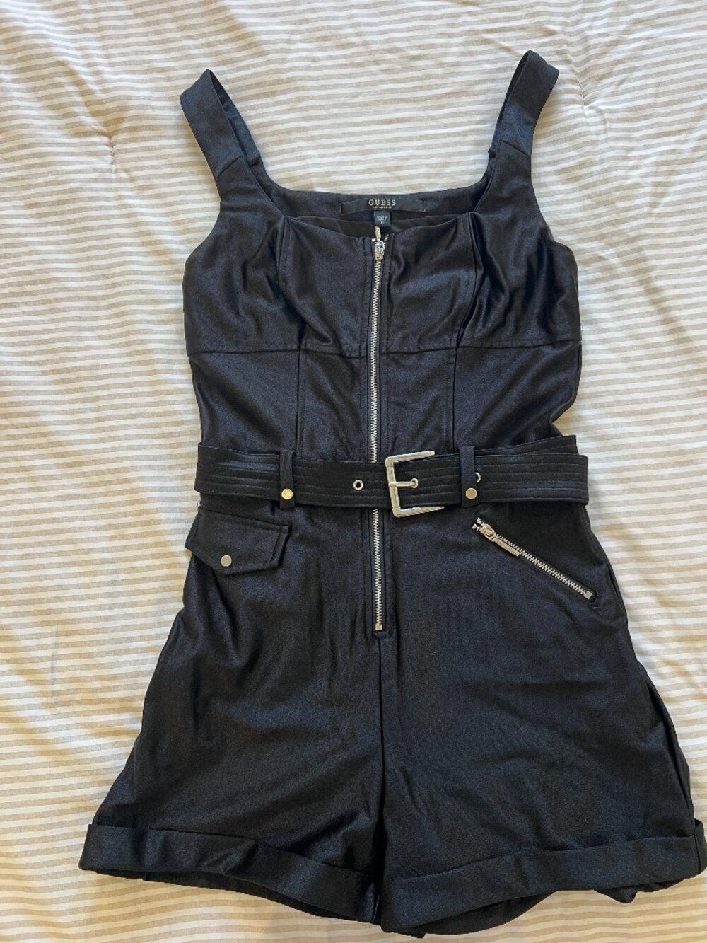 GUESS Black Belted Sleeveless Square Neck Romper 0
